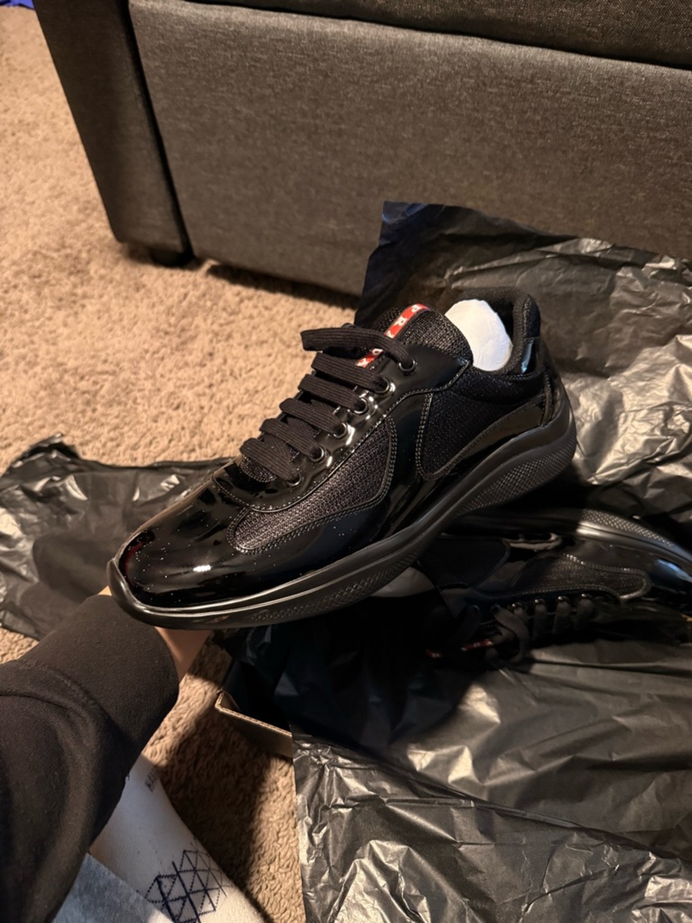 Prada Black Men's Athletic Sneakers with Knit and Patent Trim - Picture 2 of 3